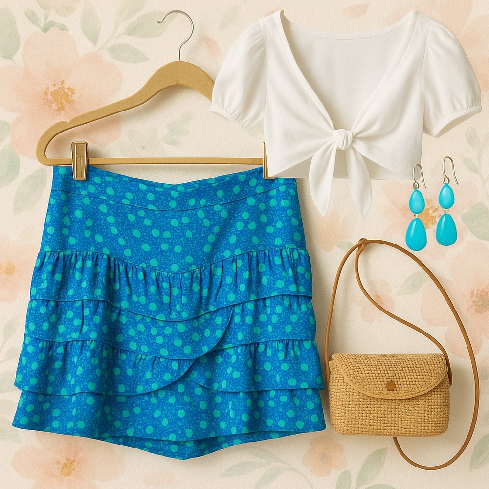 Blue and White Bubble Mini Skirt with Ruffled Tiers